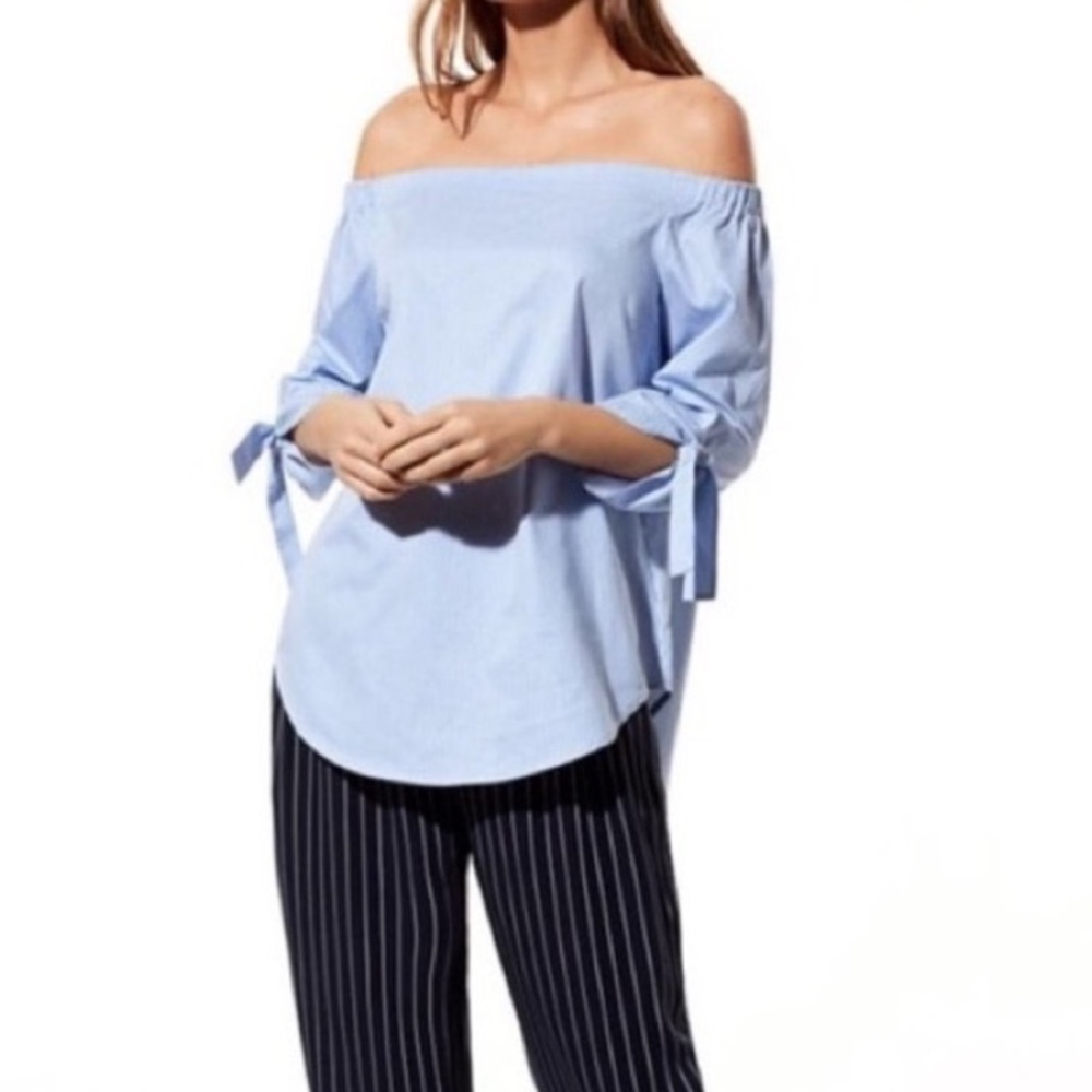 Babaton Aritzia bow sleeve blue cotton striped blouse off the shoulder coastal